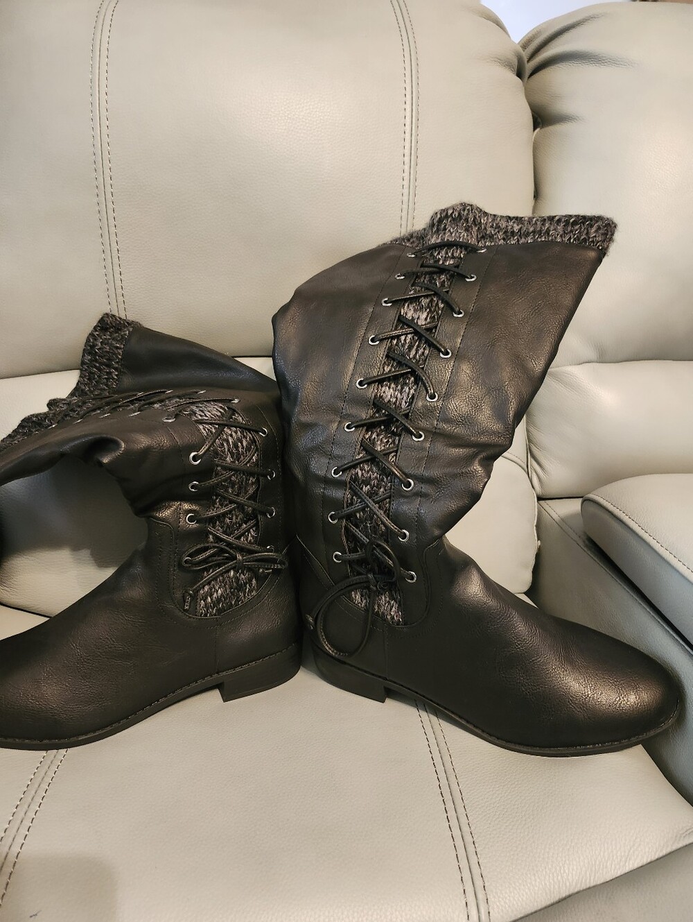 torrid Black Lace-Up Knit-Trim Mid-Calf Boots